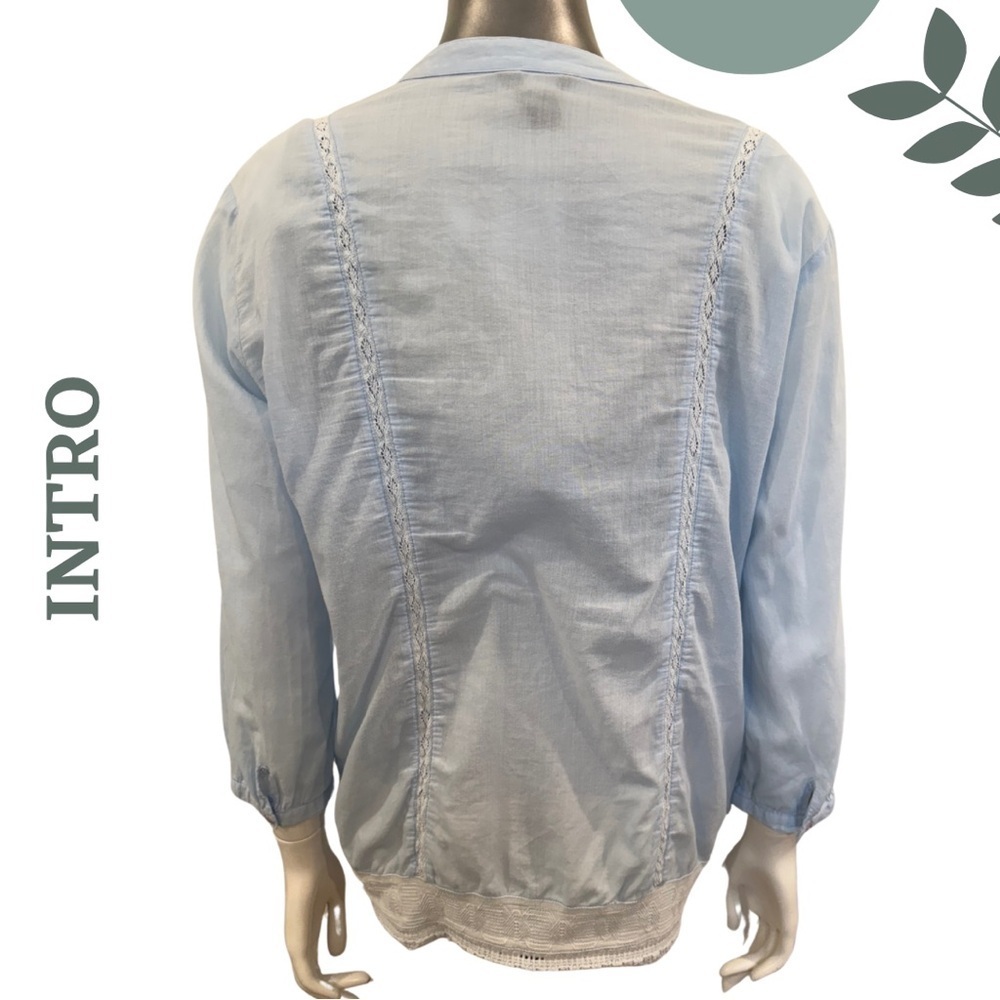 Intro Light Blue Lace Trim Blouse Medium Boho Top - Picture 5 of 9